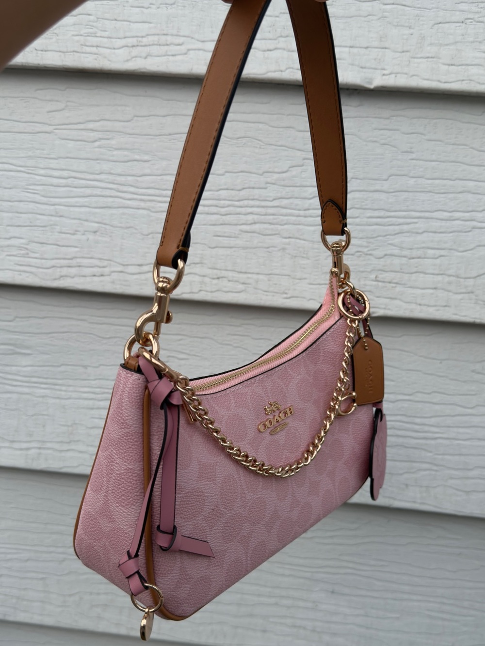 COACH Pink Teri Charm Signature Chain Shoulder Bag with Floral Charm - Picture 3 of 9